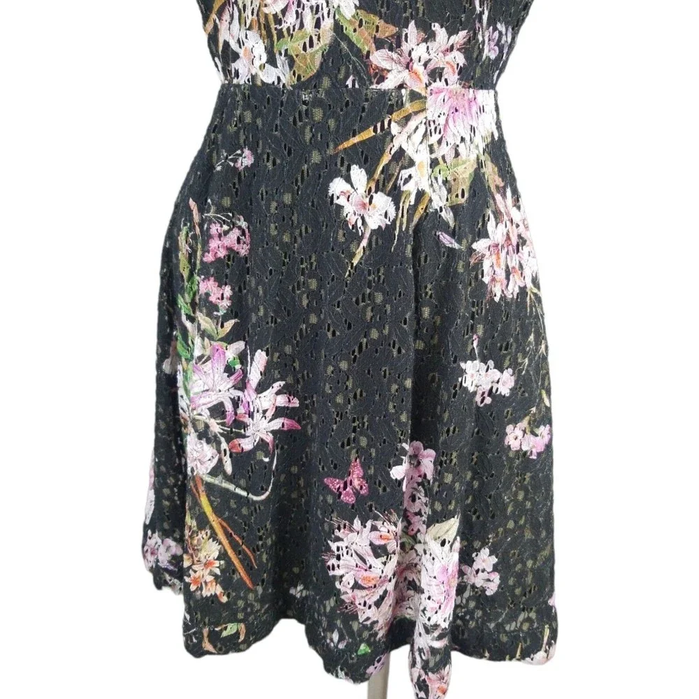 Anthropologie Eri +Ali Black Floral Lace Dress 4 Nevaeh Ruffle Cap Sleeve